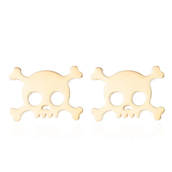 GOLD Skull Stainless Steel Stud Earrings with Gift Bag - Picture 1 of 4